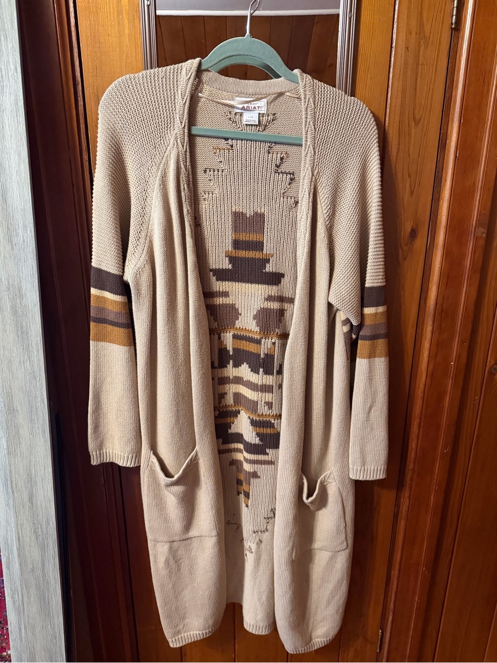 Ariat Beige Long Open-Front Cardigan with Brown and Gold Stripes